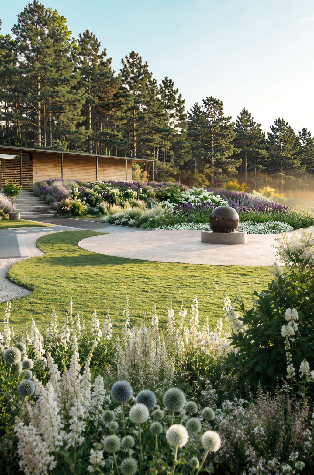 Espace d'accueil des Jardins Sothys entouré de massifs fleuris