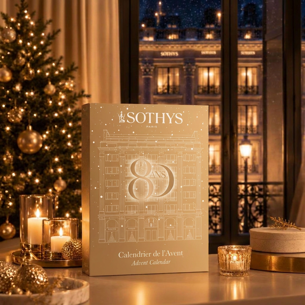 Calendrier de l'Avent Sothys doré devant un sapin de Noël illuminé