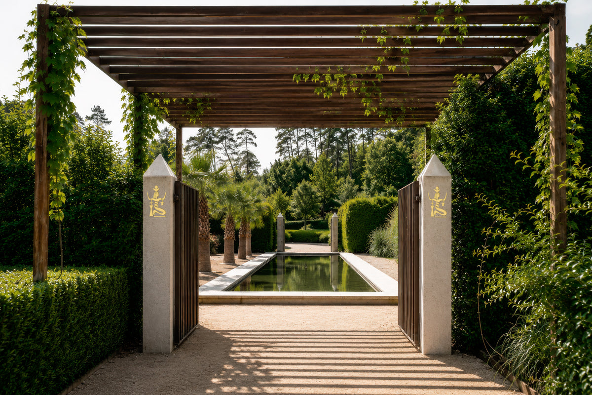 Pergola et bassin de l'escapade égyptienne des Jardins Sothys