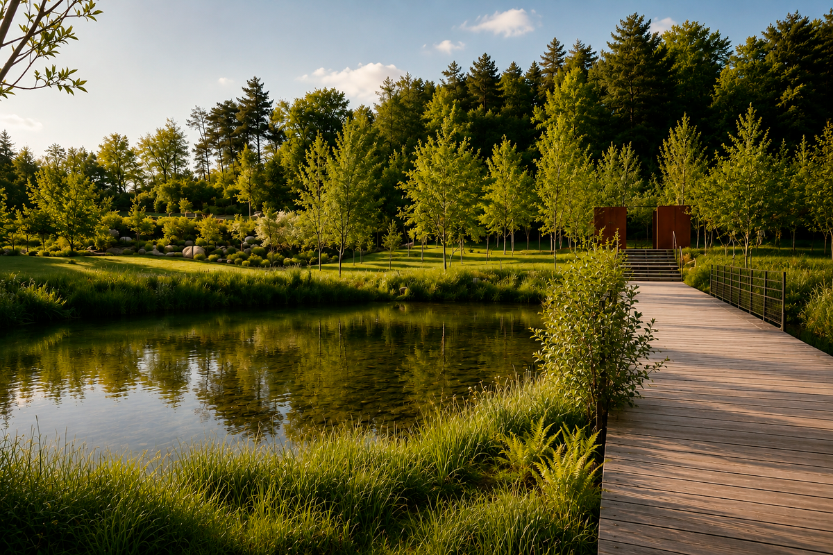 Prairie humide et ponton en bois au bord d'un étang des Jardins Sothys