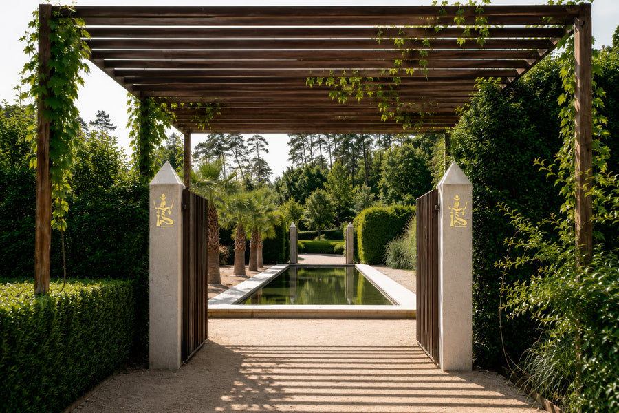 Pergola et bassin de l'escapade égyptienne des Jardins Sothys