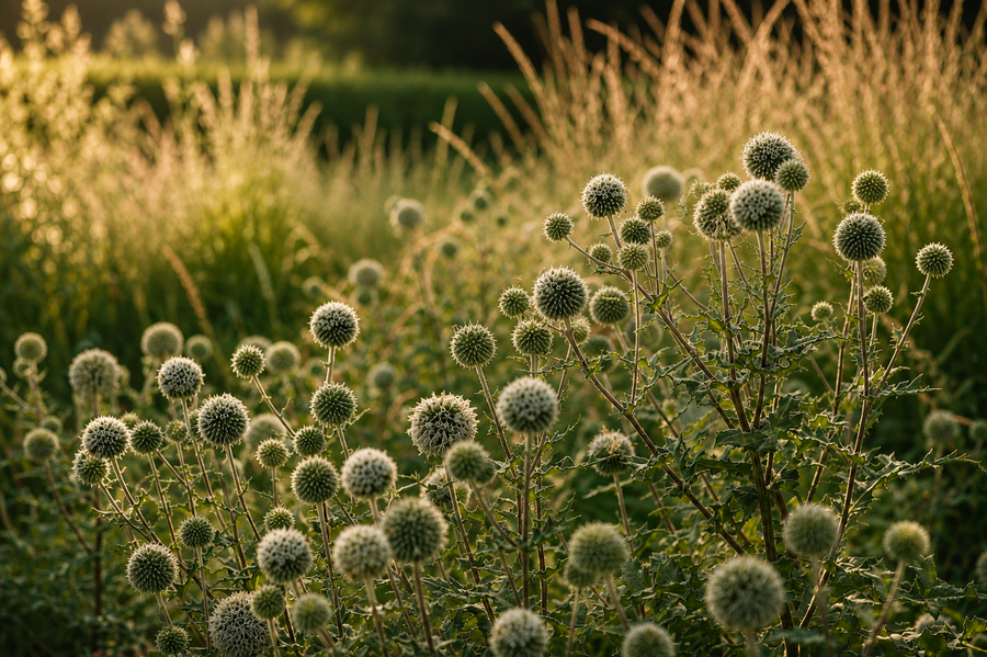 Graminées et fleurs en boule au soleil couchant dans les Jardins Sothys