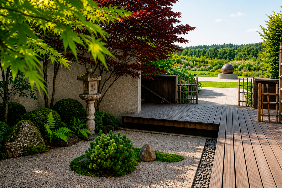 Cour paysagée et terrasse en bois des Jardins Sothys