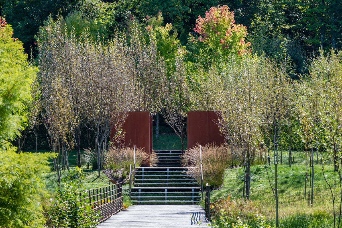 Allée des Jardins Sothys bordée de graminées menant à une structure rouge