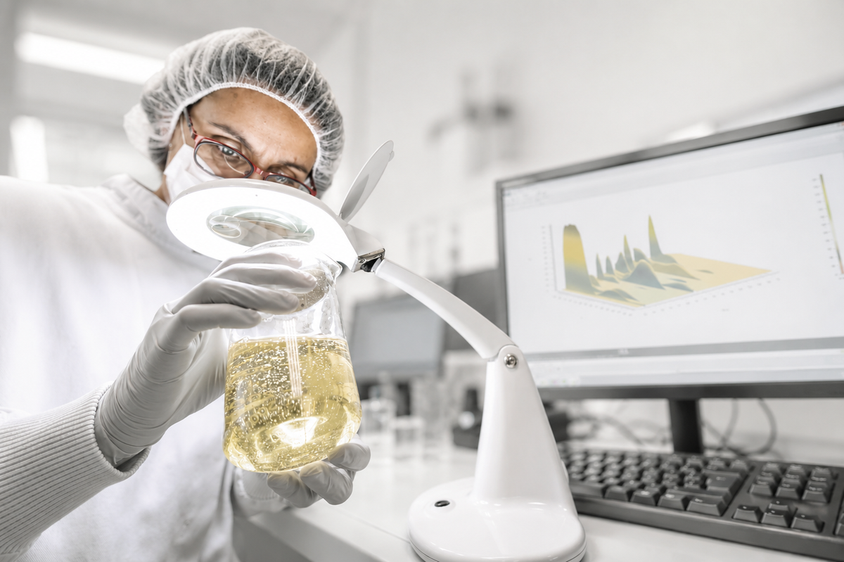 Technicienne du laboratoire Sothys analysant un échantillon