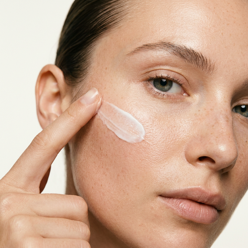 Femme appliquant une touche de crème sur sa pommette